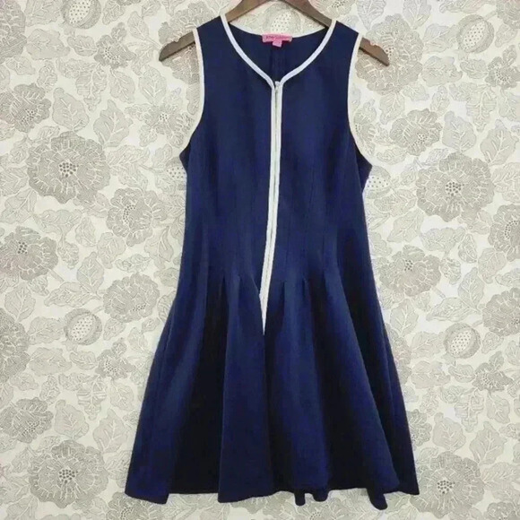 Betsey Johnson Sleeveless Fit & Flare Knee Dress 12 Full Zip Front Navy - Picture 1 of 8